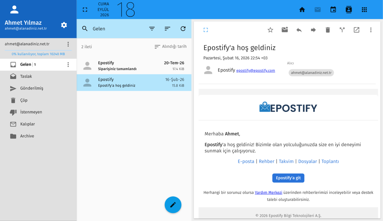 Epostify e-posta arayüzü